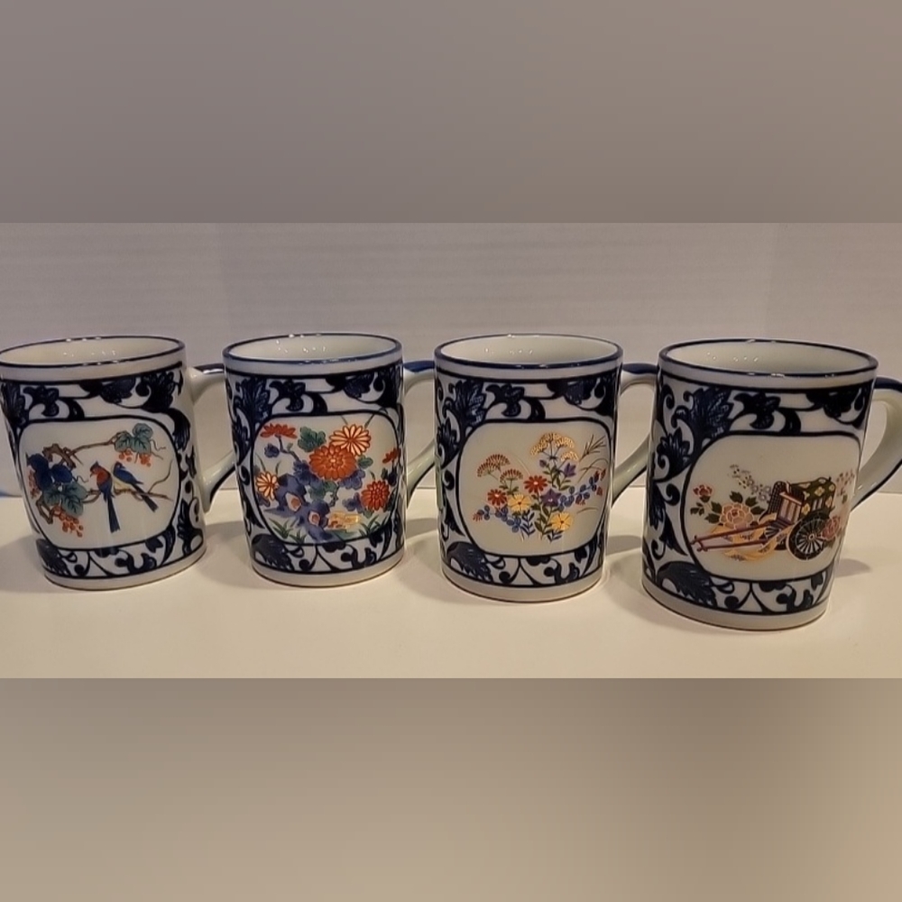 Enesco Set of 4 vintage Asian inspired mugs w/ unique designs , Cobalt and White